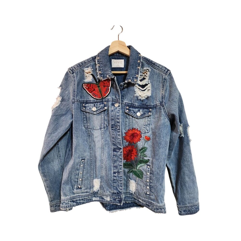 Distressed Denim Jacket With Embroidered Patches & Stud Details  Medium Size  Ti